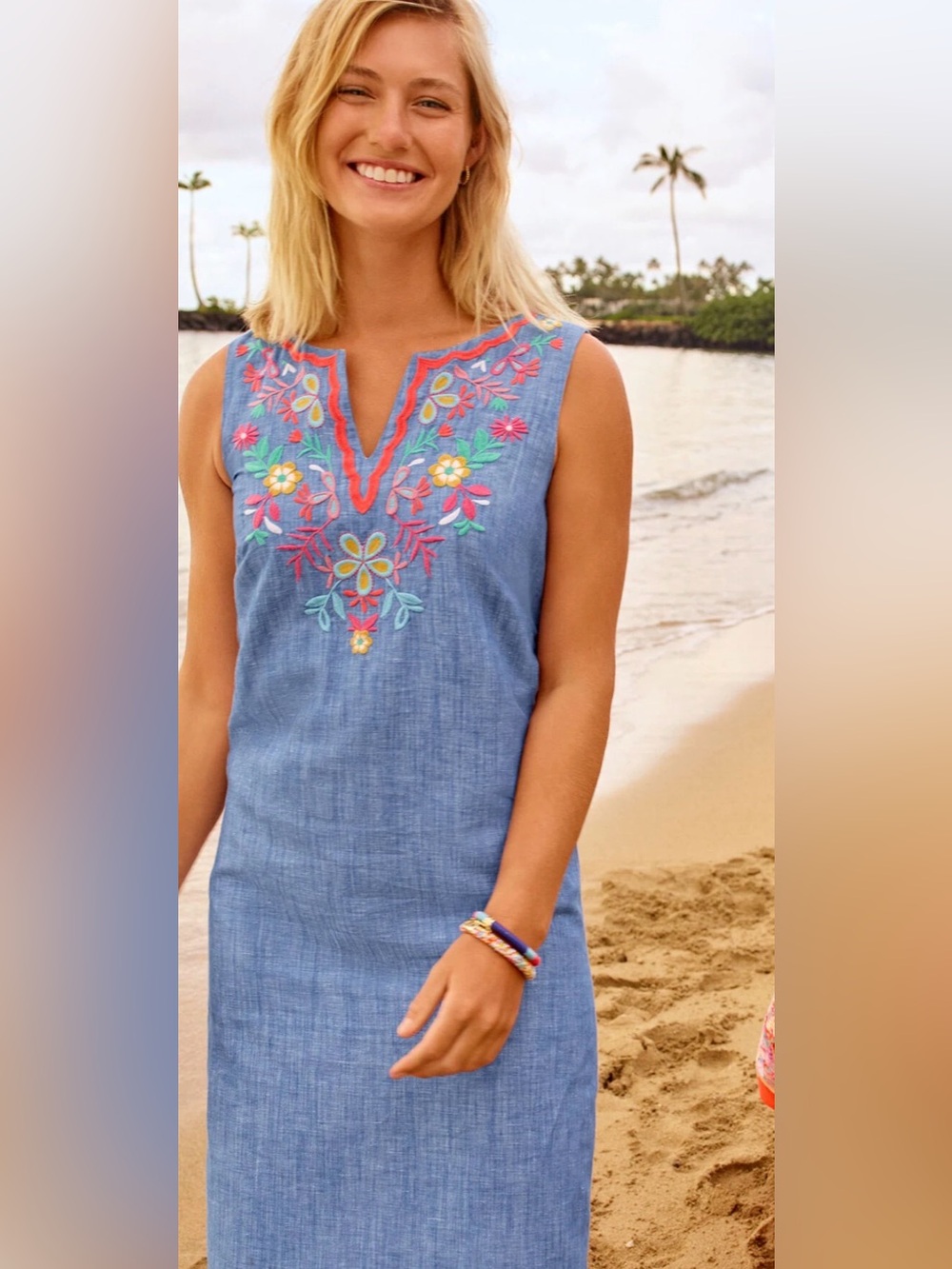 Talbots Blue Sleeveless Embroidered Shift Dress Multicolor Floral Detail EUC